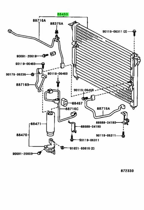 Technical diagram of an automotive radiator assembly with labeled parts on a white background.