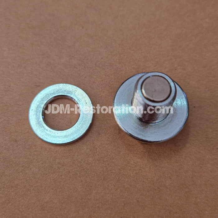 Metal washer and metal button on a brown background with 'JDM-Restoration.com' branding.