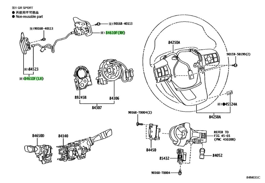 Technical diagram of a steering system with labeled parts on a white background