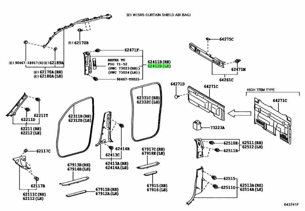 Technical diagram of car interior parts with component labels