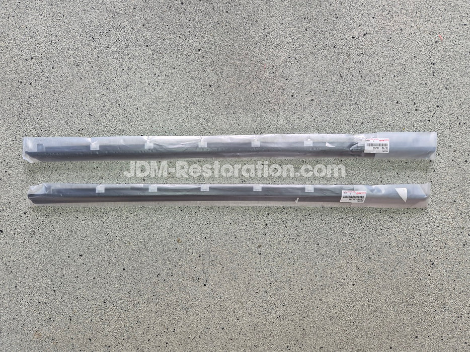 Two black car Door Belt Molds on a gray surface with 'JDM-Restoration.com' branding.